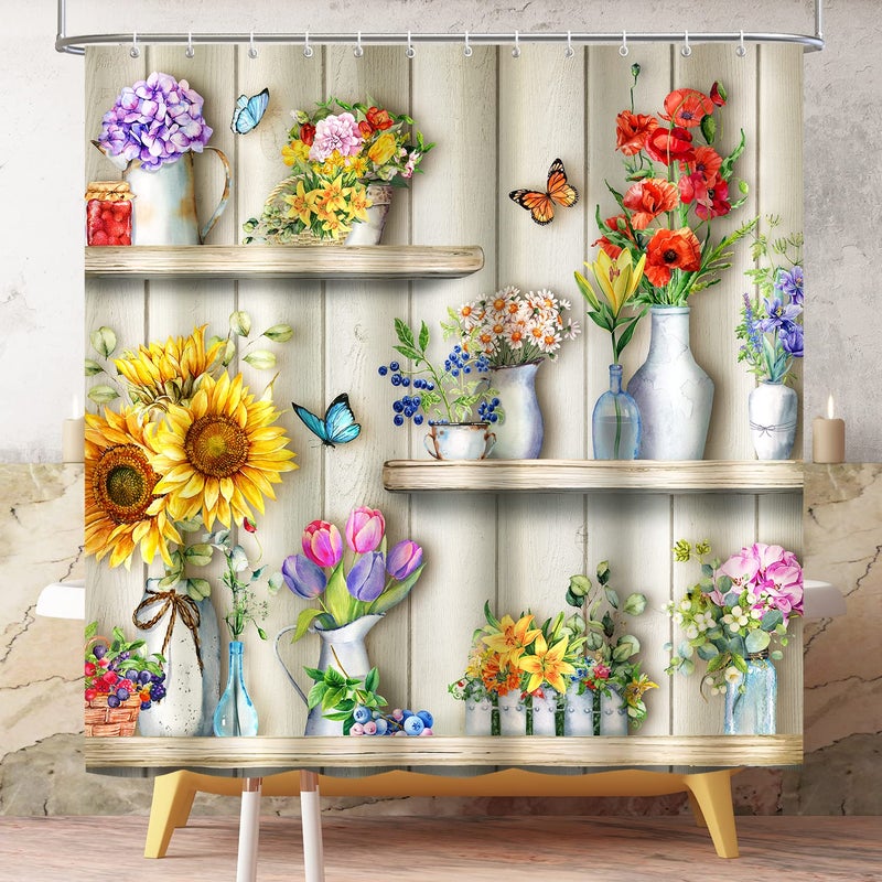 Lokigo Flower Shelves Shower Curtain Boho Farmhouse Shower Curtain Rustic Country Floral Shower Curtains for Bathroom Waterproof Fabric Shower Curtain Set with Hooks Farmhouse Bathroom Curtain Decor 72x72 - Image 1